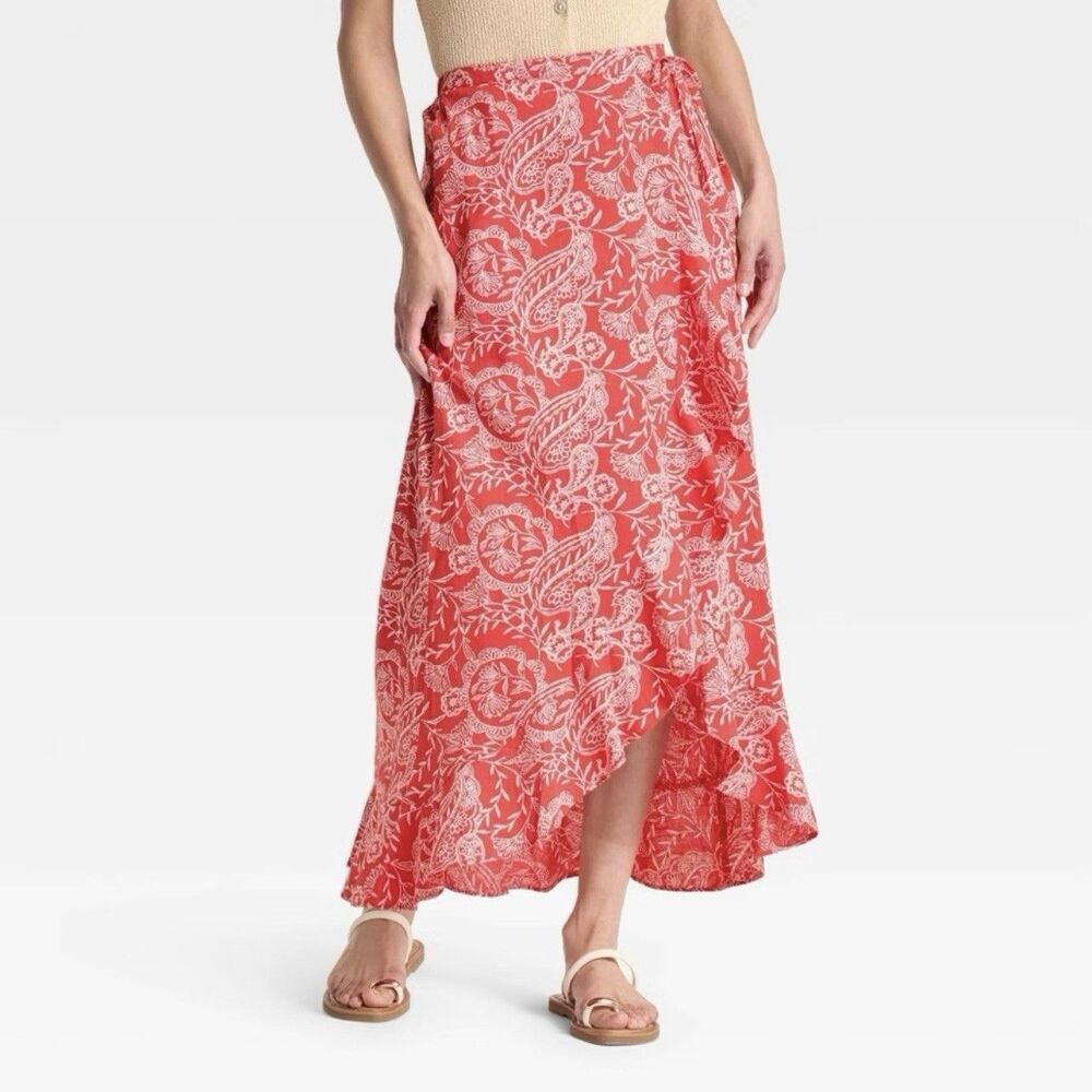 Tropical Coral Floral Wrap Maxi Skirt Women’s Size M Resort Beach Boho Ruffle